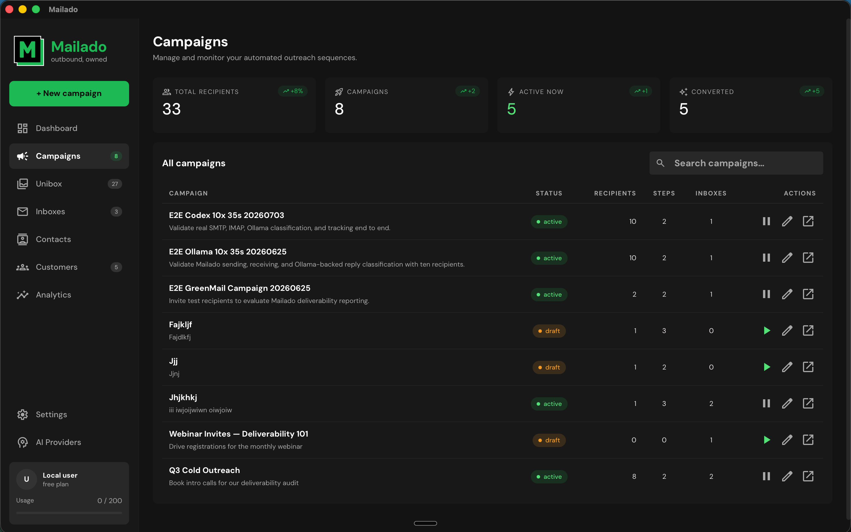 Mailado campaigns screen listing active and draft campaigns with recipient and sequence status