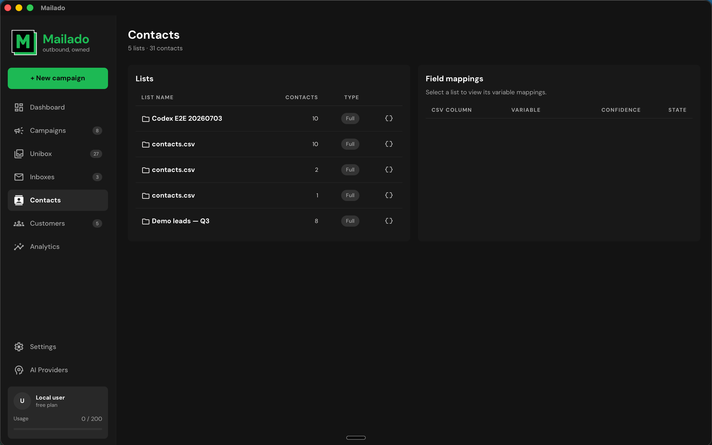 Mailado contacts screen with centrally managed lists and detected field mappings