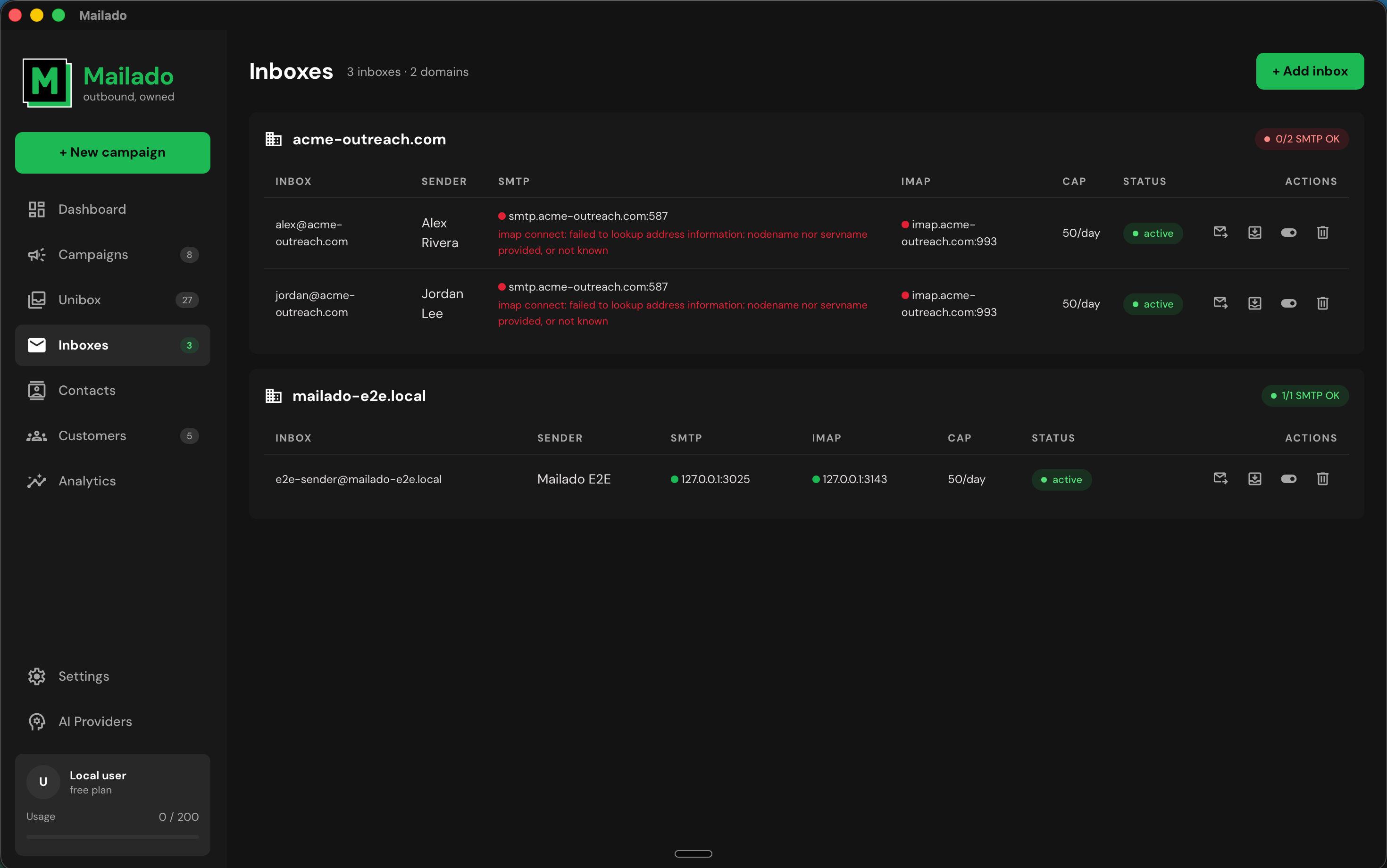 Mailado inbox management screen grouping sending accounts by domain with caps and connection status