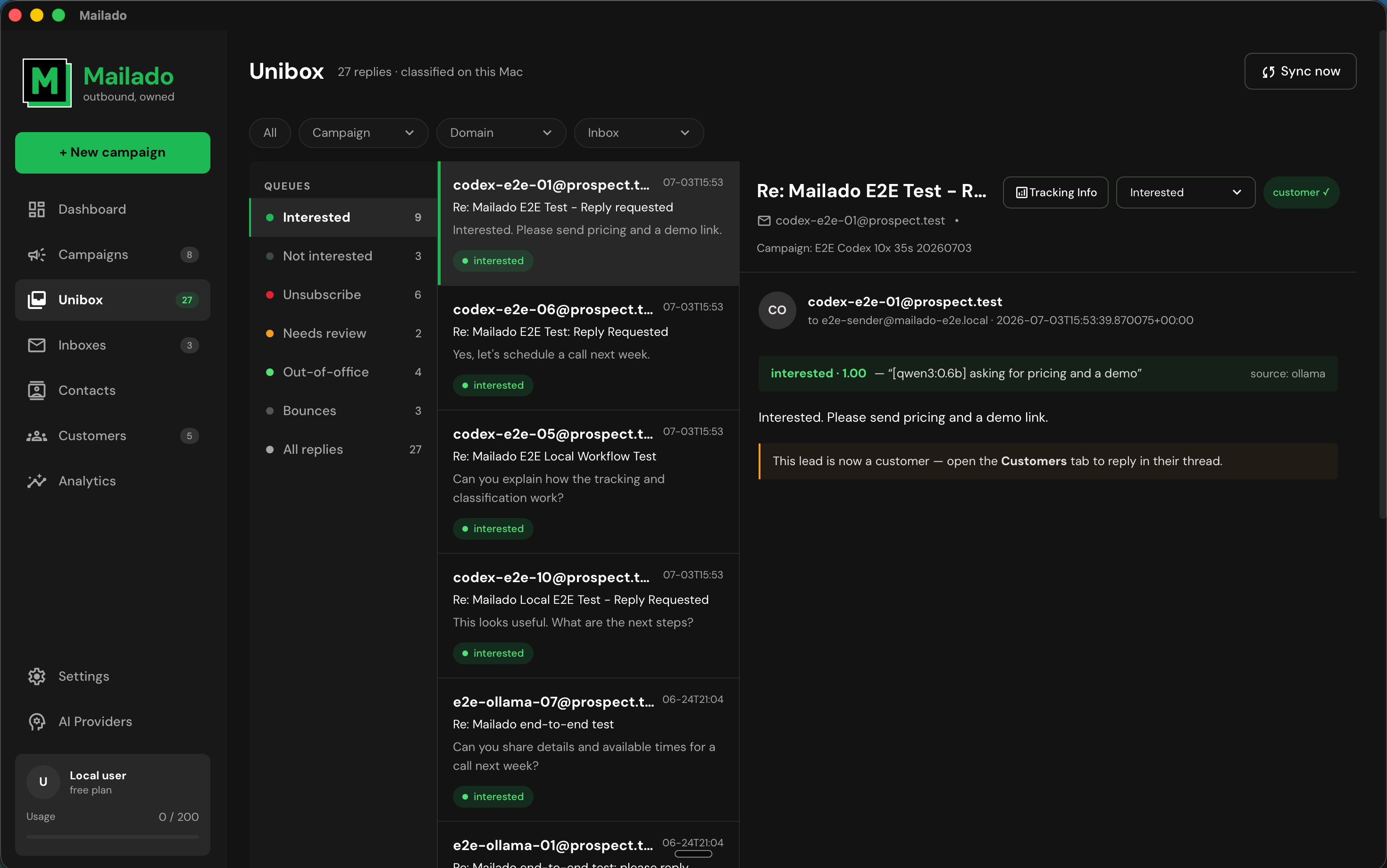 Mailado UniBox showing reply classification queues, messages, and a selected conversation